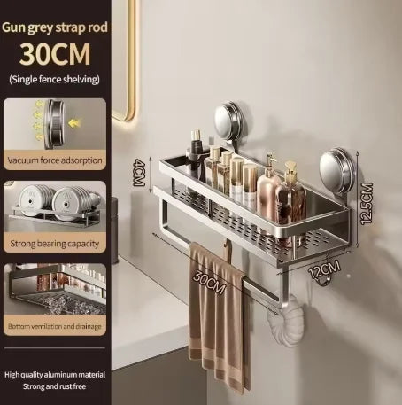 étagère salle bain adhésive ventouse métal perforée moderne sans perçage suction gris