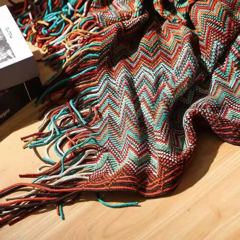 couverture plaid bohème ethnique rouge orange marron turquoise beige zigzag franges adaptable maison