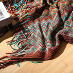 couverture plaid bohème ethnique rouge orange marron turquoise beige zigzag franges adaptable maison