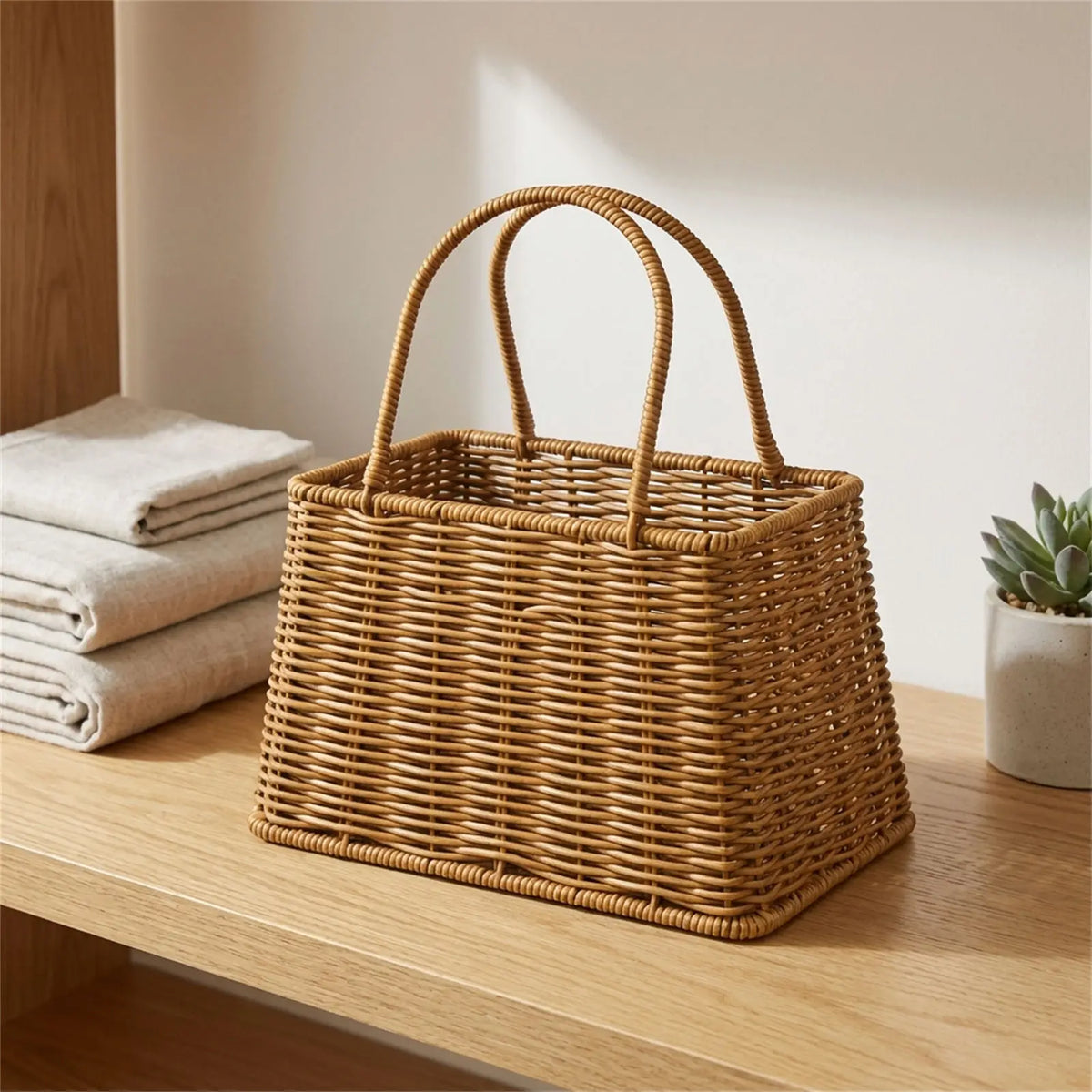 panier tressé marron clair rose rangement stockage bohème minimaliste respectueux environnement multifonctionnel