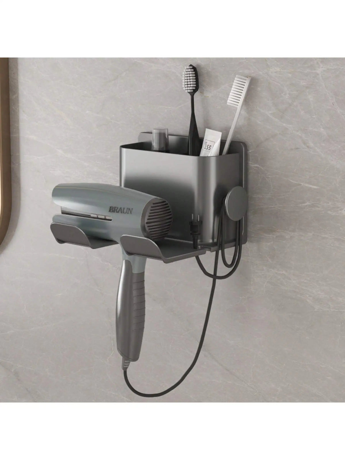 porte sèche cheveux adhésif moderne gris métallisé salle bain rangement brosse gobelet téléphone