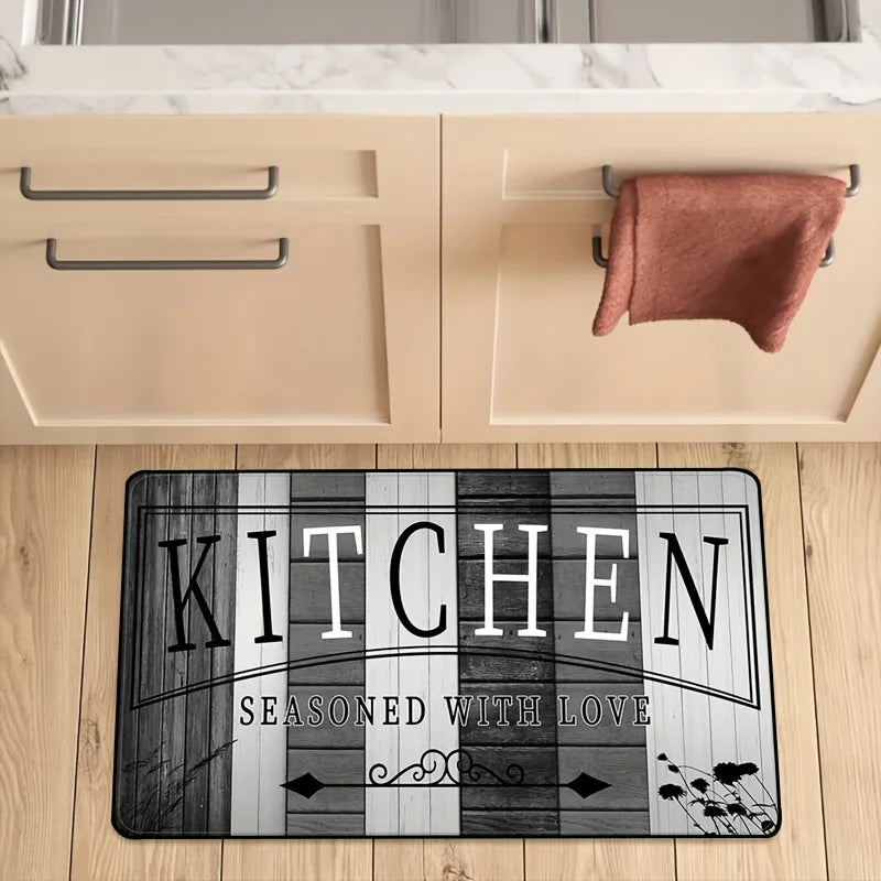 tapis cuisine imperméable anti dérapant lettres motifs floraux moderne gris blanc