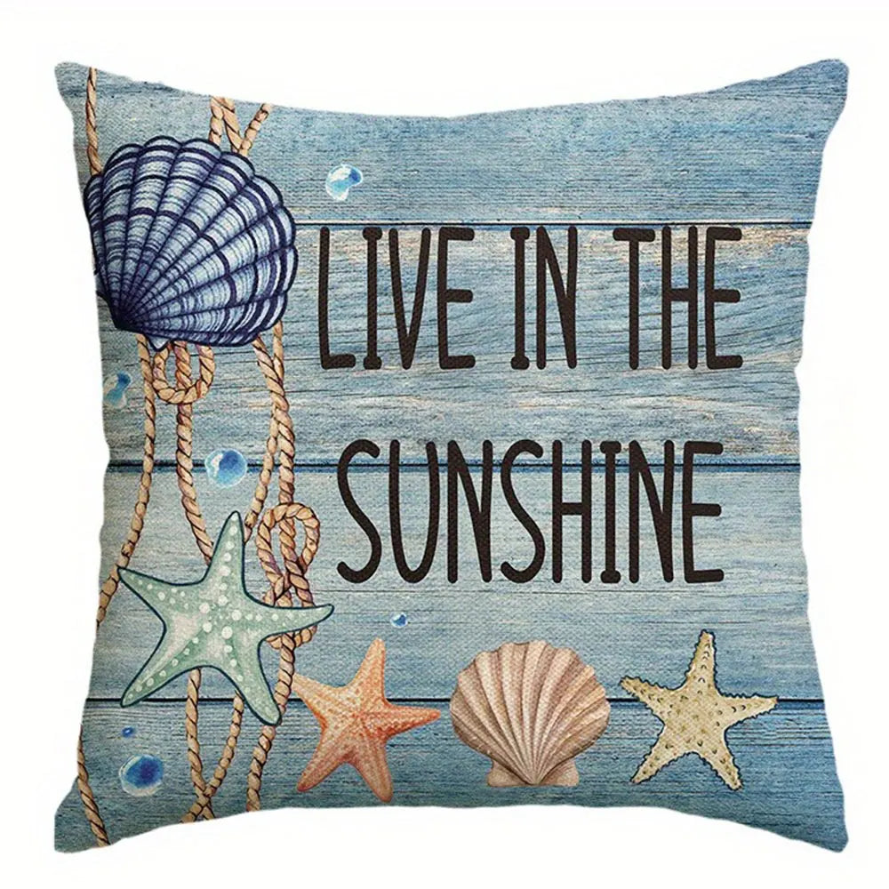housse coussin motif maritime ancre coquillage marin bleu beige blanc decoration maison voiture 45x45cm