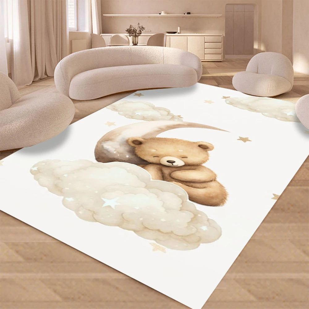 tapis moderne ours lune étoiles gamer velours polyester blanc marron gris chambre enfant salon