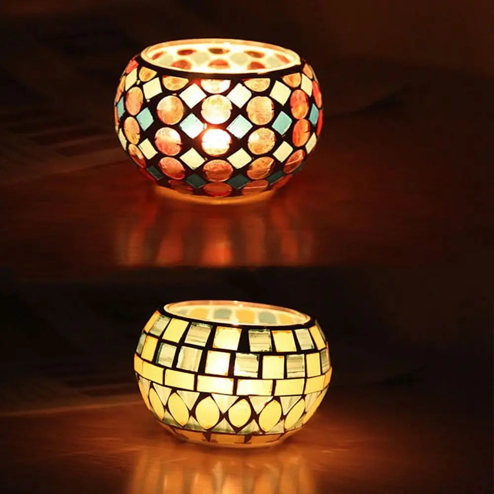 bougeoir mosaïque verre artisanal vert orange rouge blanc décoration maison table
