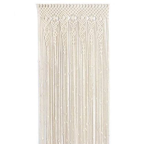 rideau macramé blanc cassé motifs géométriques boho chic crochet bois suspension tissu polyester coton
