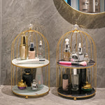 rangement cage oiseaux deux niveaux or marbre blanc marron bleu violet modernes plateaux cosmétiques