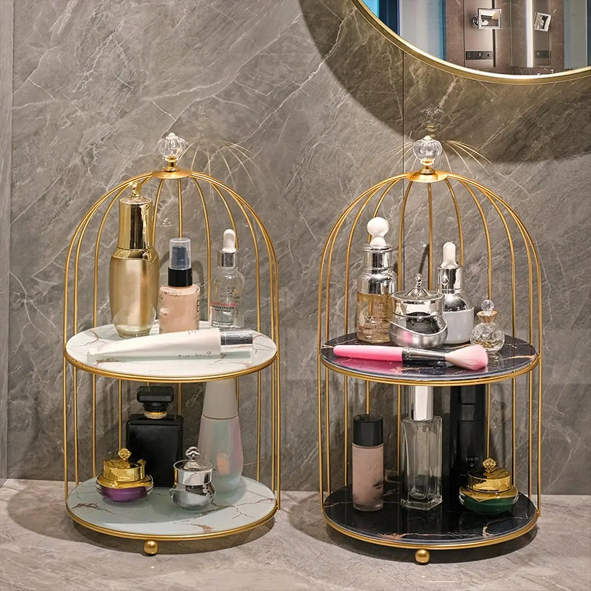 rangement cage oiseaux deux niveaux or marbre blanc marron bleu violet modernes plateaux cosmétiques