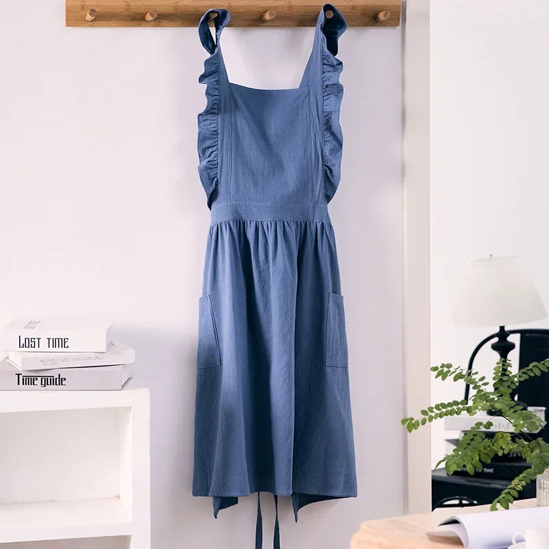 tablier coton vert bleu rose beige poches croisées volants élastiques élégant cuisine pâtisserie