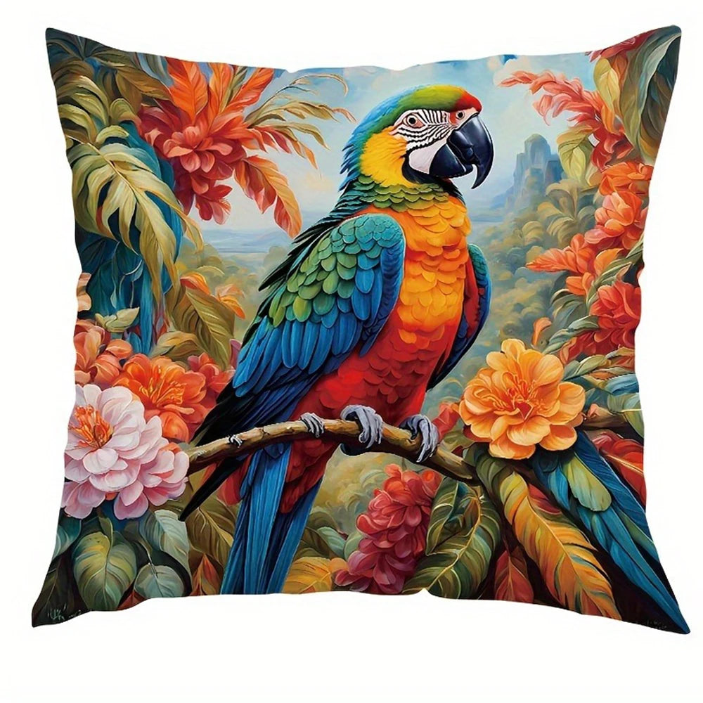 taies d'oreiller motif tropical perroquets fleurs multicolores moderne polyester 45x45cm zipper closure