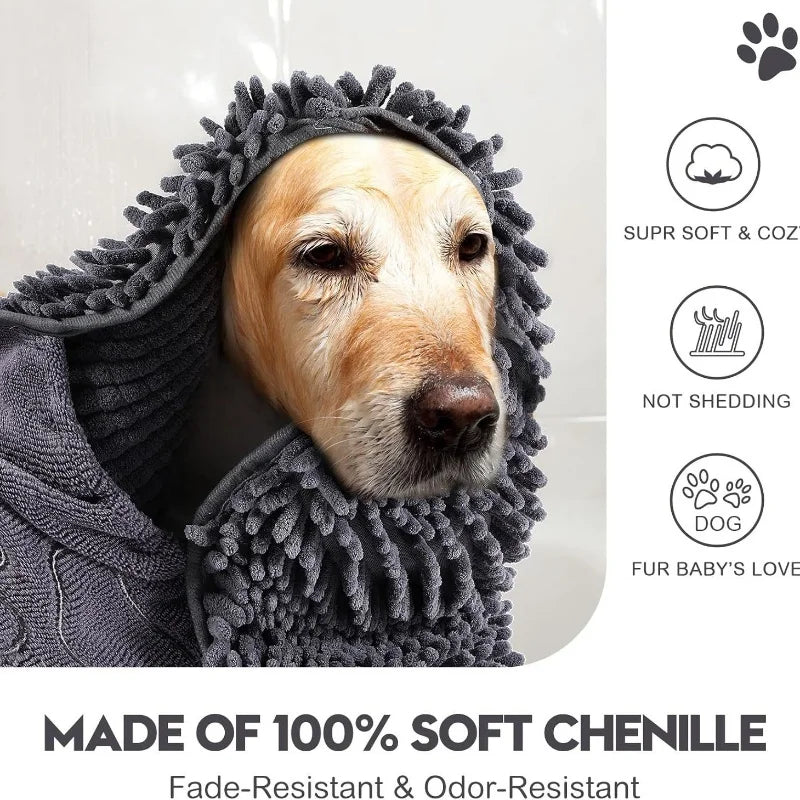serviette bain chien chenille pattes imprimées grise bleue blanche confortable pratique