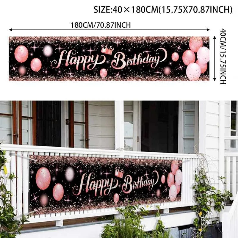 bannière anniversaire enfant moderne happy birthday ballons confettis clips doré noir festive