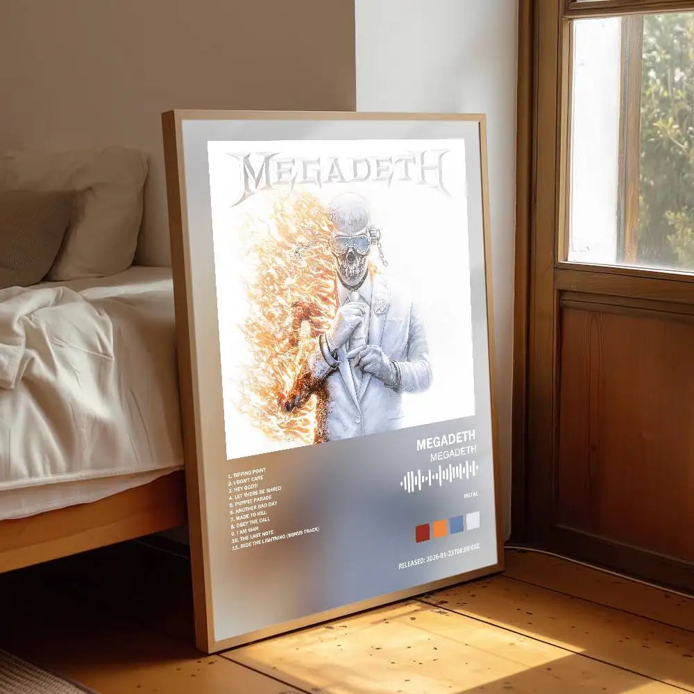 affiche musicale megadeth moderne rock blanche noire bois textes chansons logos chambre salon