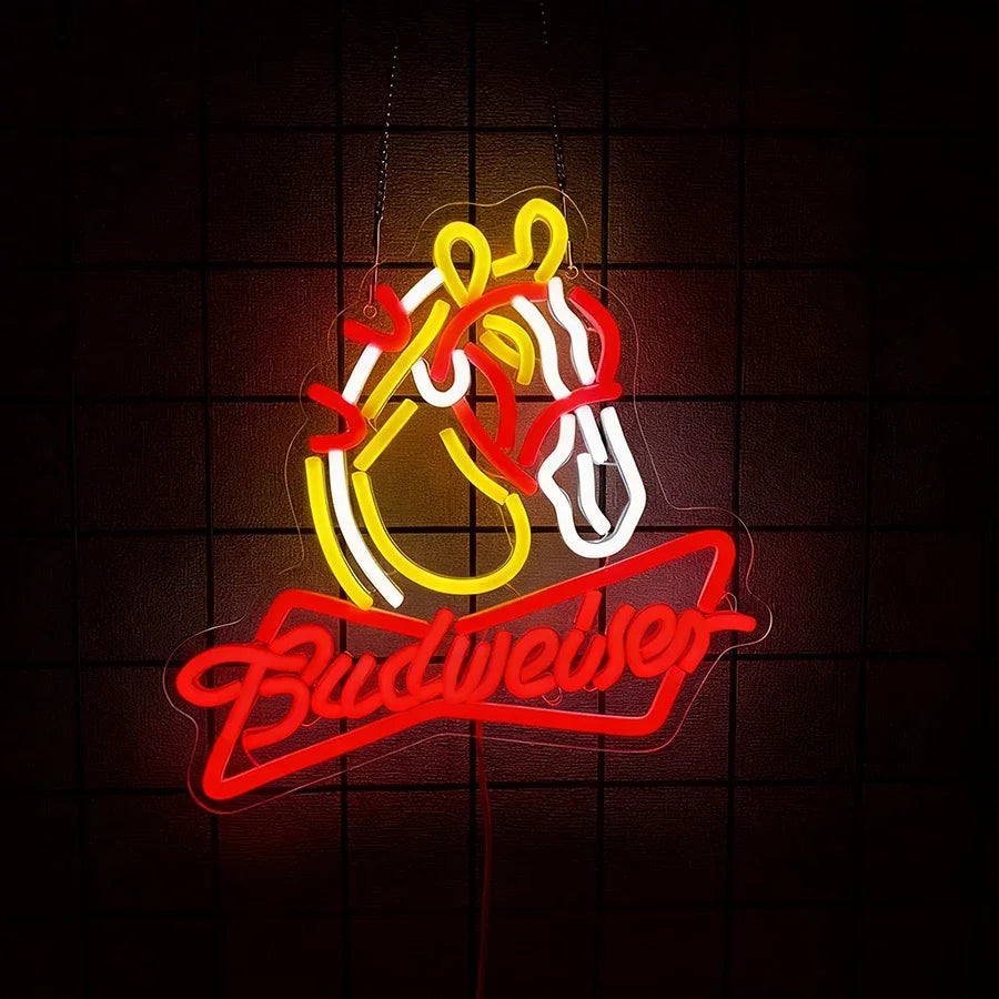 enseigne lumineuse néon logo budweiser grenouille couleur rouge bleu jaune vert fixations câble usb