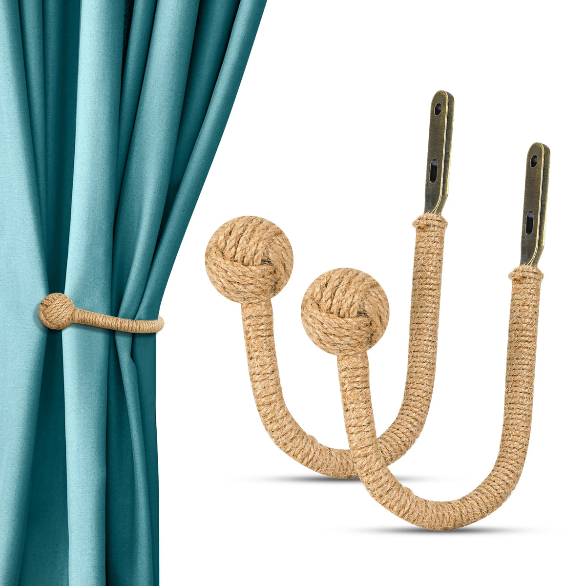 boucle rideau beige bleu clair corde tressée rustique double trous fixations accessoires voilures chambre