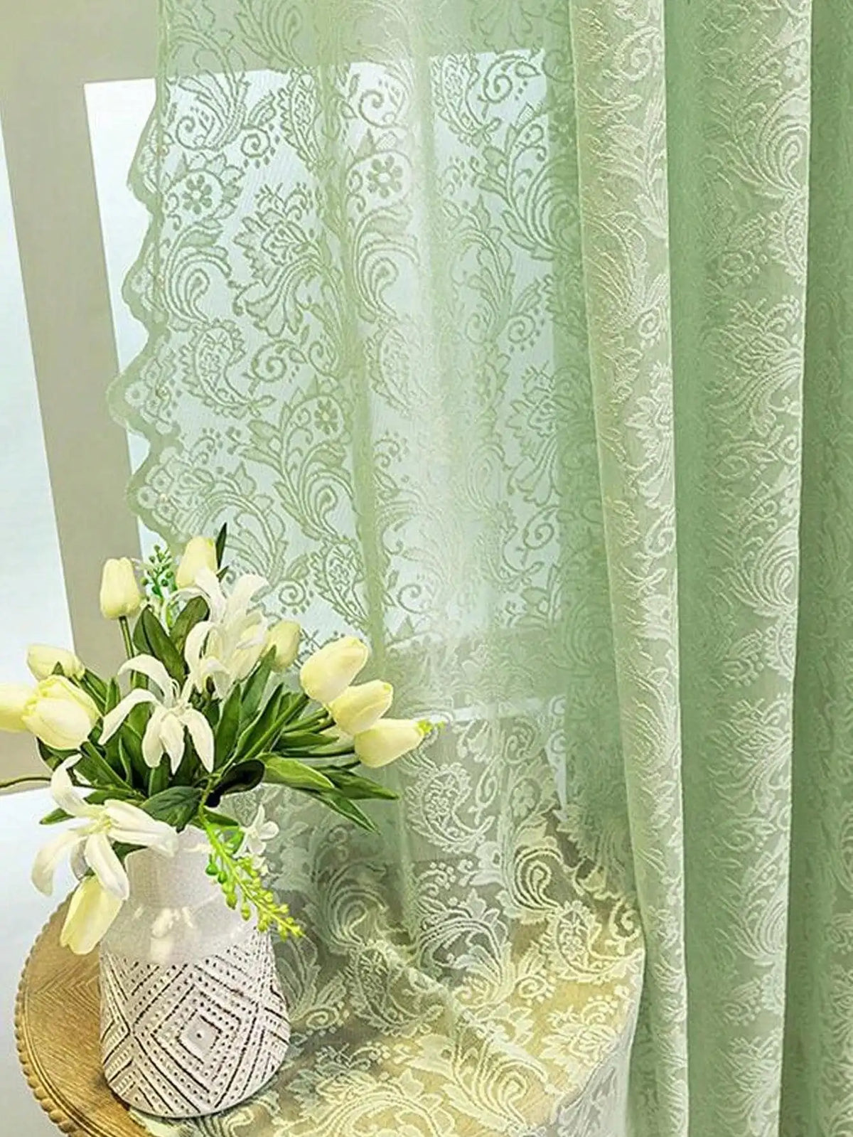 rideau vert clair broderie florale semi transparent classique fenêtre française polyester