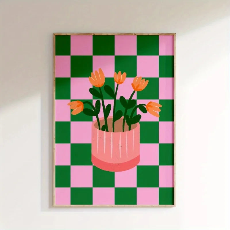 Toile d'art moderne abstraite carreaux vert rose fleurs décoration murale sans cadre chambre salon