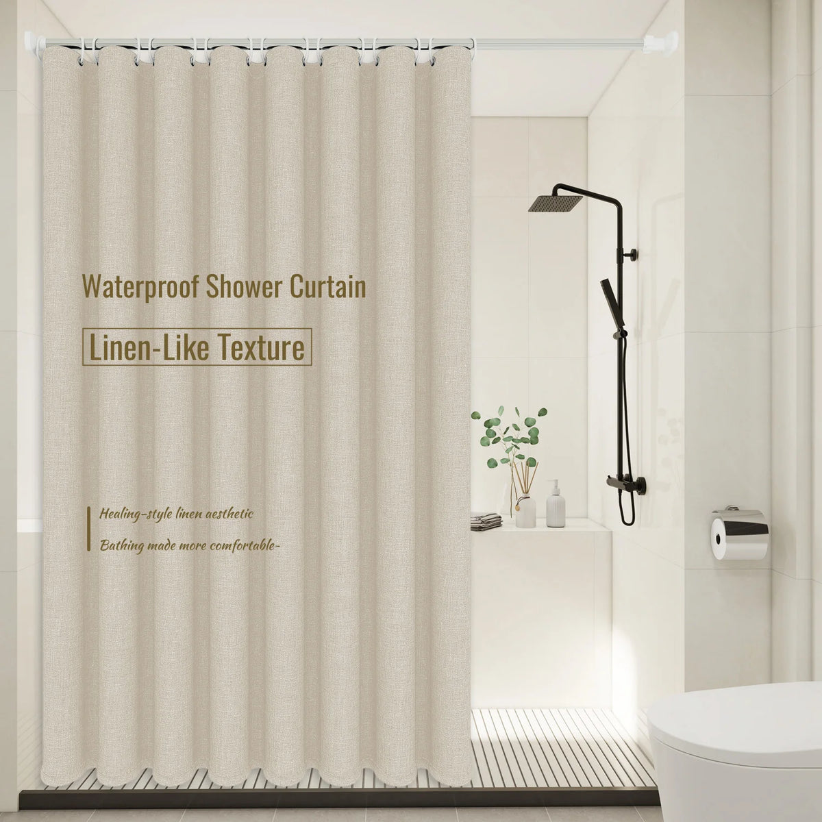 rideau douche beige texturé lin polyester moderne minimaliste opacité totale tringle pesé