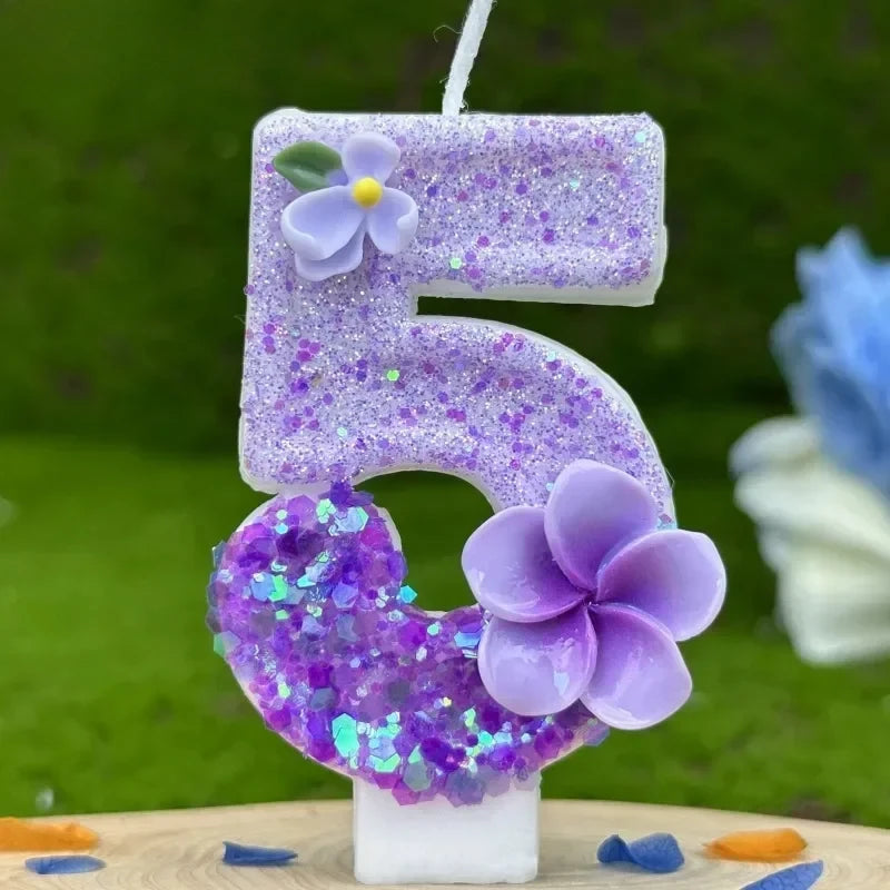 bougies chiffres violets fleurs anniversaire décoratives sans flamme enfants gâteau paillettes numérotation festive