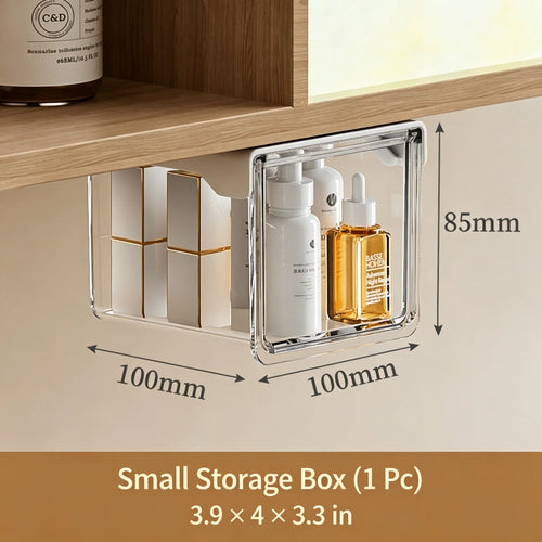 boîtes rangement transparentes adhésives modernes multi usages cosmétiques tiroirs organisation maquillage papier toilette minimalistes