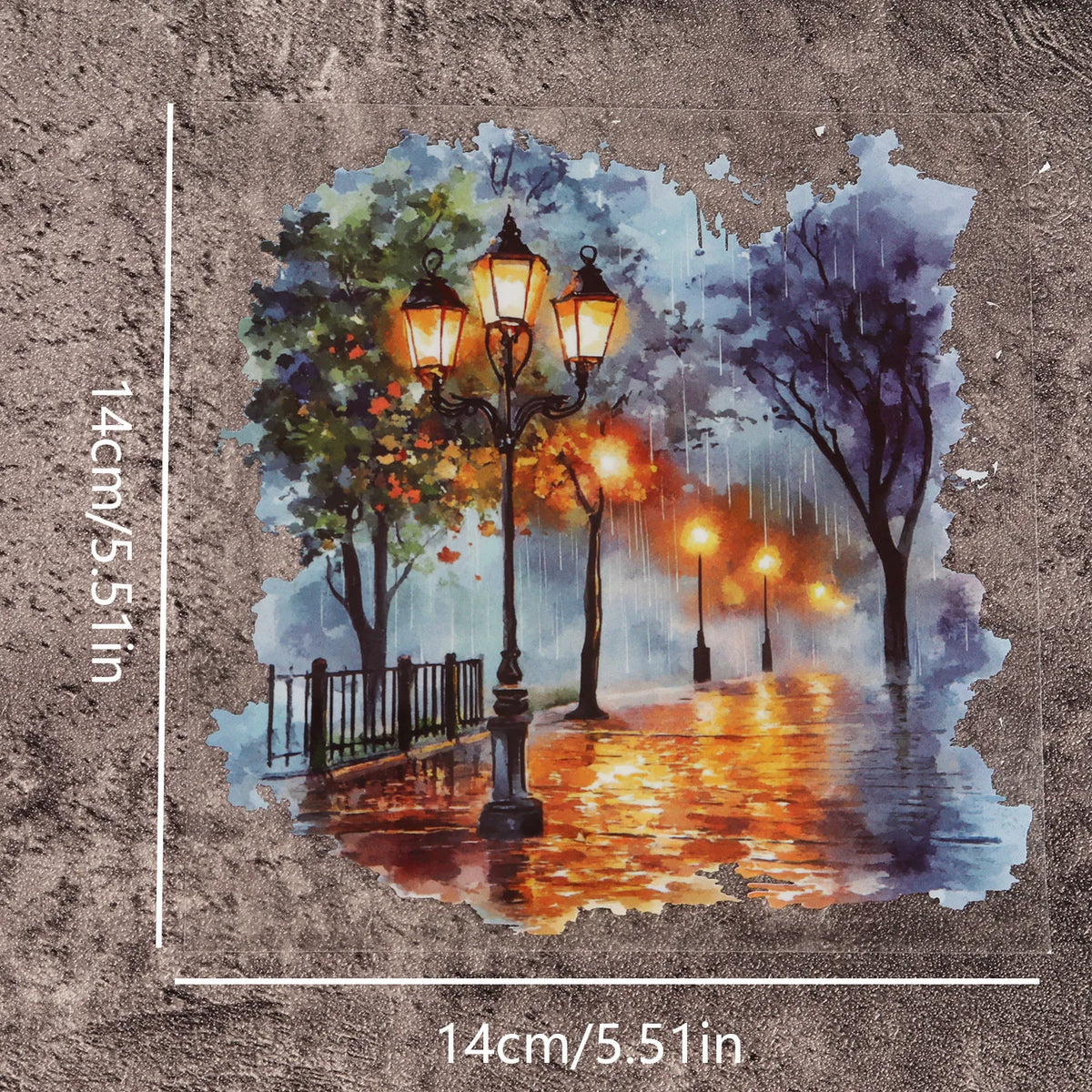 scène urbaine aquarelle lampadaires arbres bâtiments pluie feuilles d'automne nuages stickers murals déco vintage