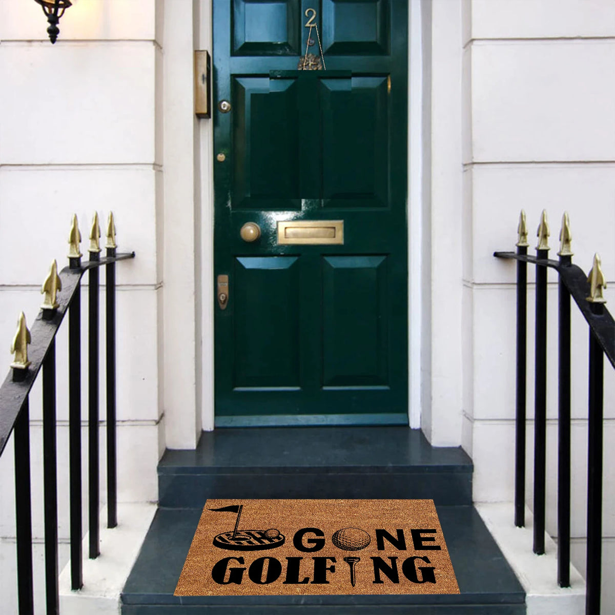 tapis d'entrée marron clair imprimé éléments golf antidérapant résistant bactéries moderne extérieur sol porte