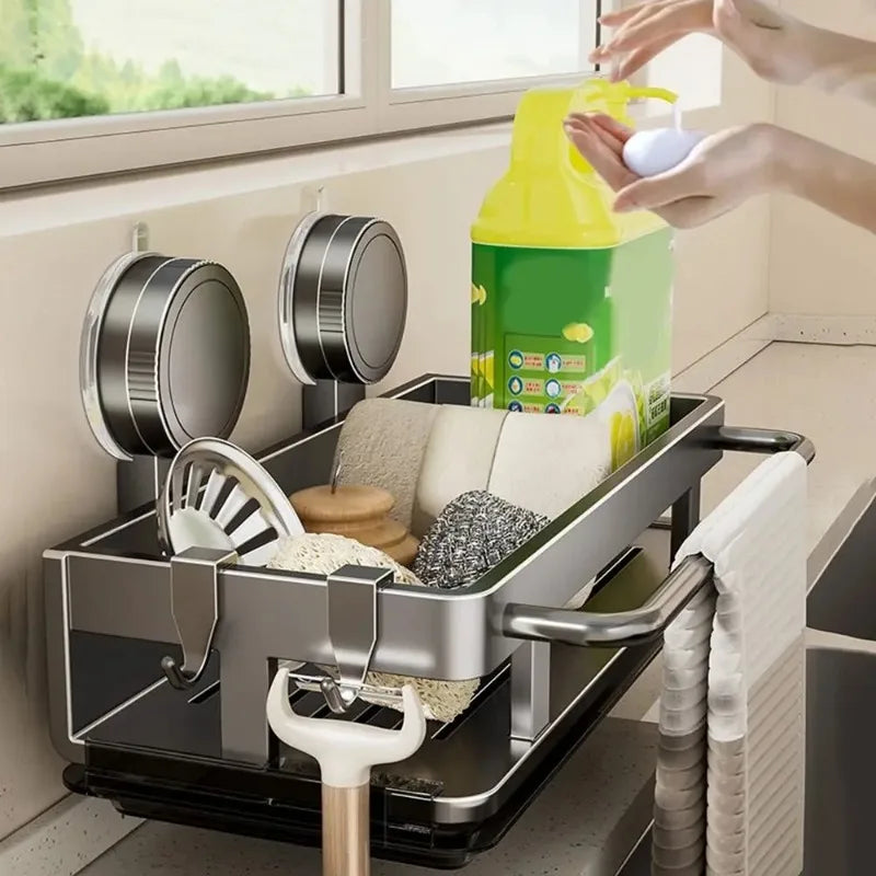 étagère cuisine adhésive moderne argentée drainante bouteilles ustensiles rangement salle bain évier