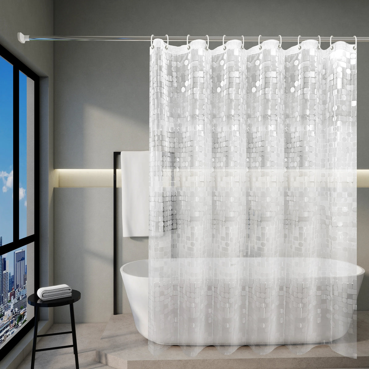 rideau douche moderne transparent motifs géométriques blancs anneaux respectueux l'environnement