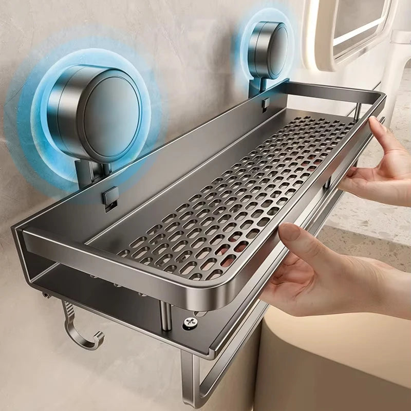 étagère salle bain murale ventouse aluminium argenté perforée moderne suction sans perçage.instructions montages