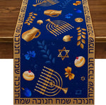 table table lin motif hanouka menorah bleu doré traditionnelle festive juive texto hébreu
