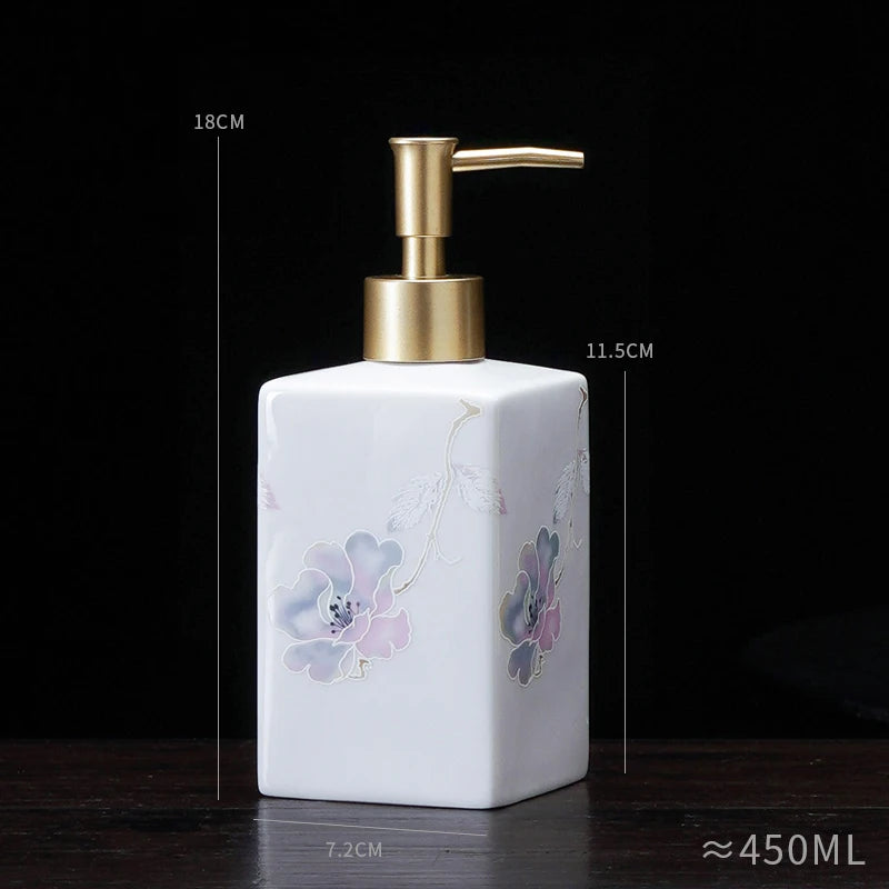 distributeur savon liquide céramique blanc bleu fleurs classique salle bains 280ml 450ml