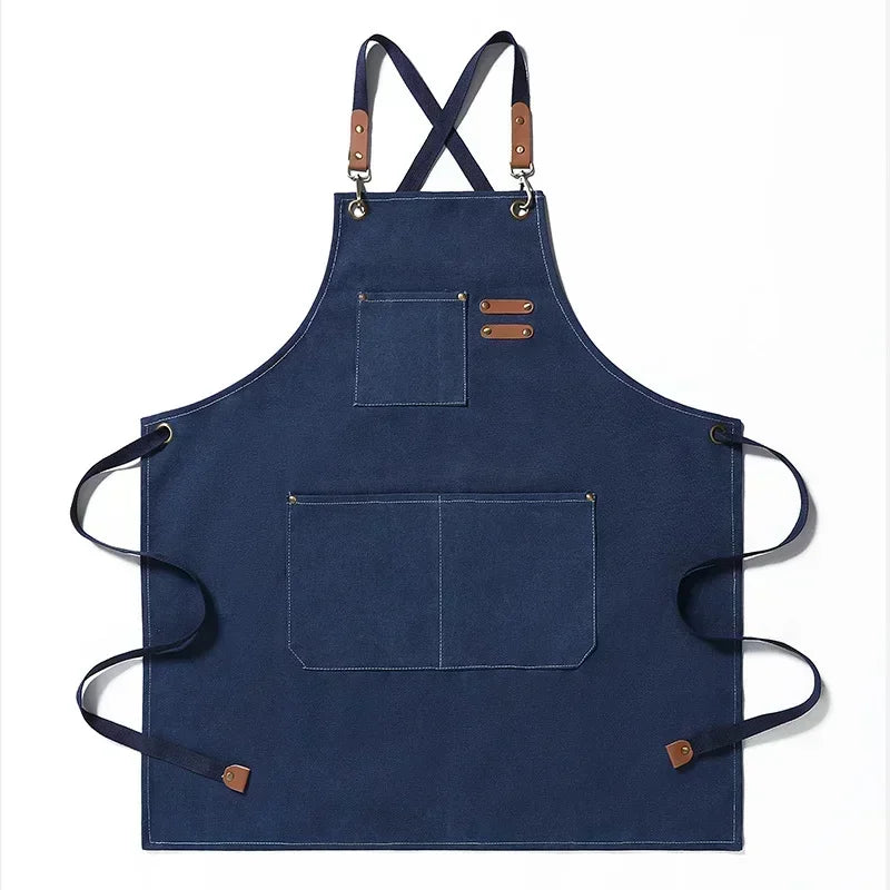 tablier toile coton gris classique poche fermeture boucles métal vintage cuisine chef