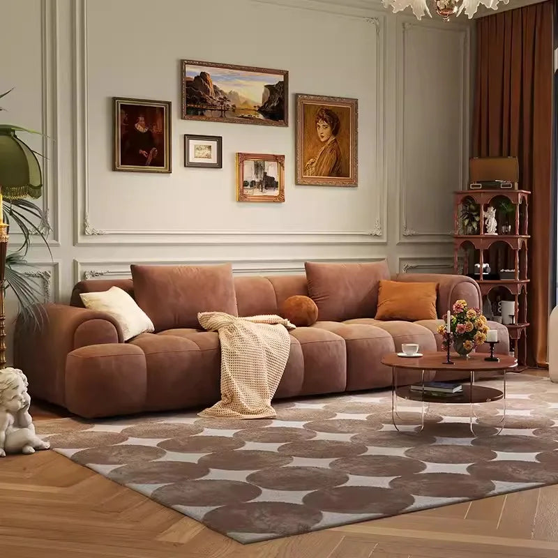canapé d'angle moderne velours marron coussins salon meubles bois scandinave minimaliste