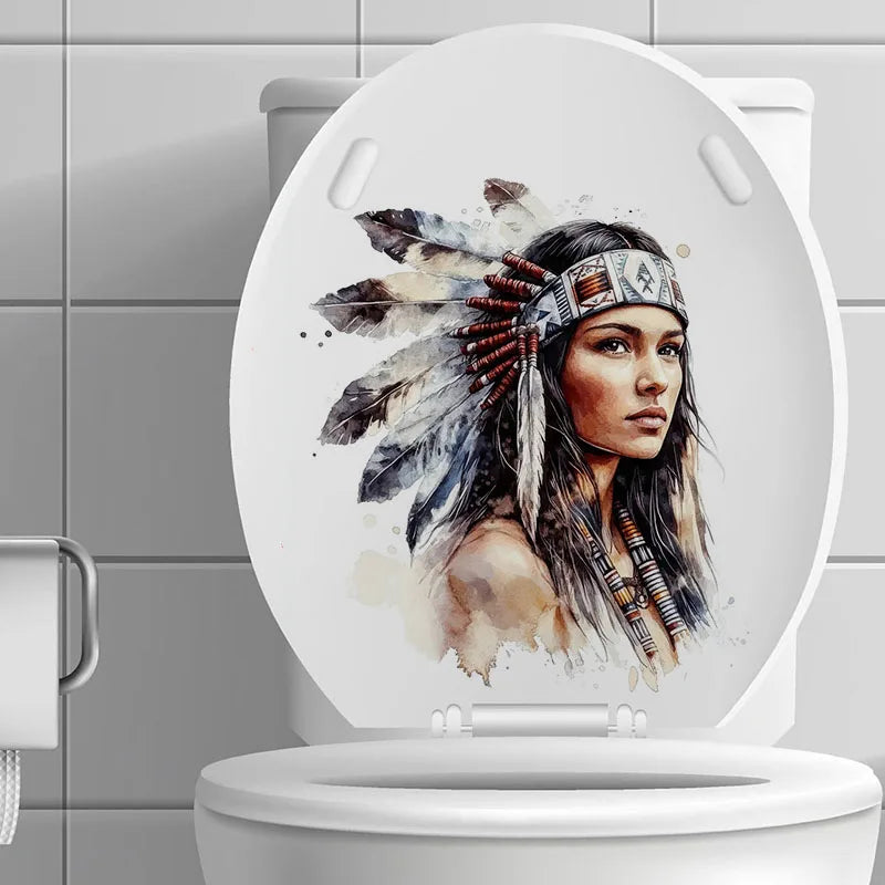 sticker autocollant portrait femme amérindienne chapeau traditionnel multicolore moderne pvc