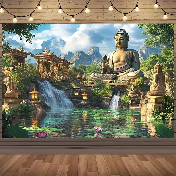 décoration murale paysage oriental bouddha cascades fleurs lotus multicolore moderne chambre salon