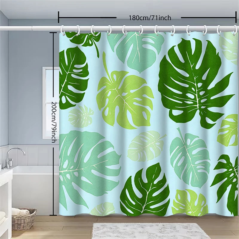 rideau douche feuilles tropicales vert bleu clair moderne anneaux suspension polyester opaque