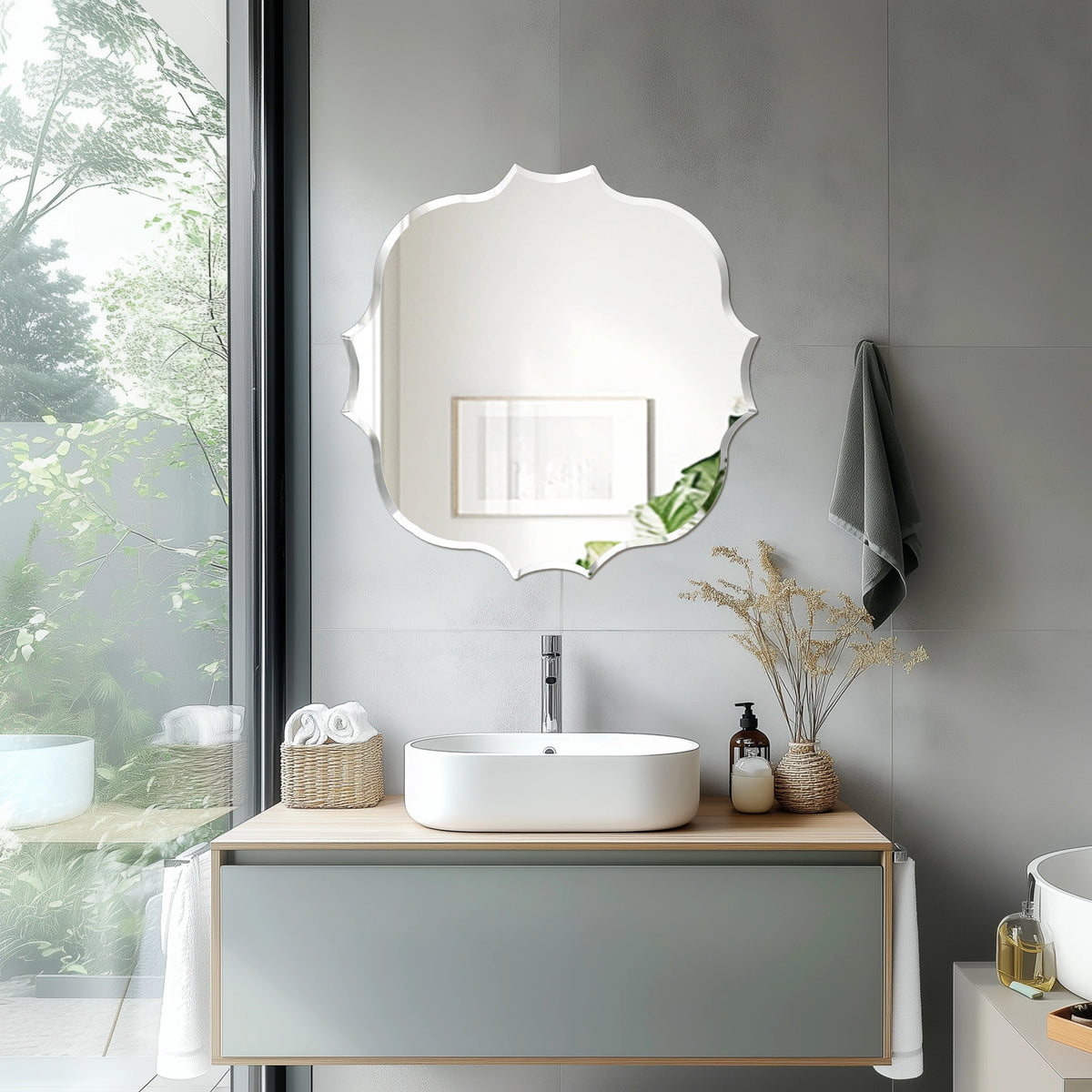 miroir moderne argenté bord ondulé portable autonome chambre salon entrée