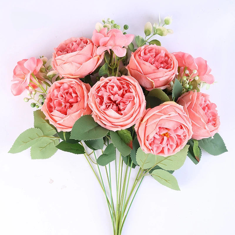 bouquet fleurs artificielles roses naturelles décoration mariage anniversaire intérieur 50cm 13 têtes soie