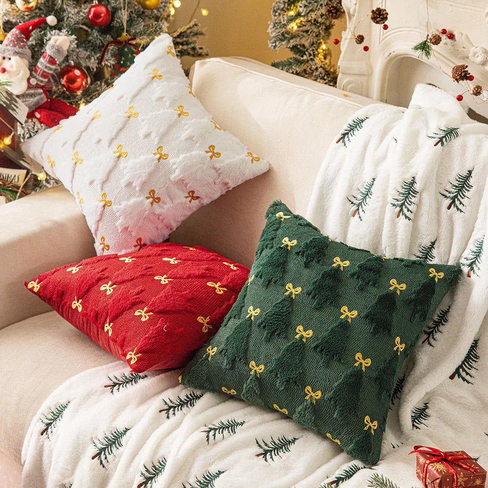 taie d'oreiller décorative motif arbre noël brodé canapé salon fête hiver