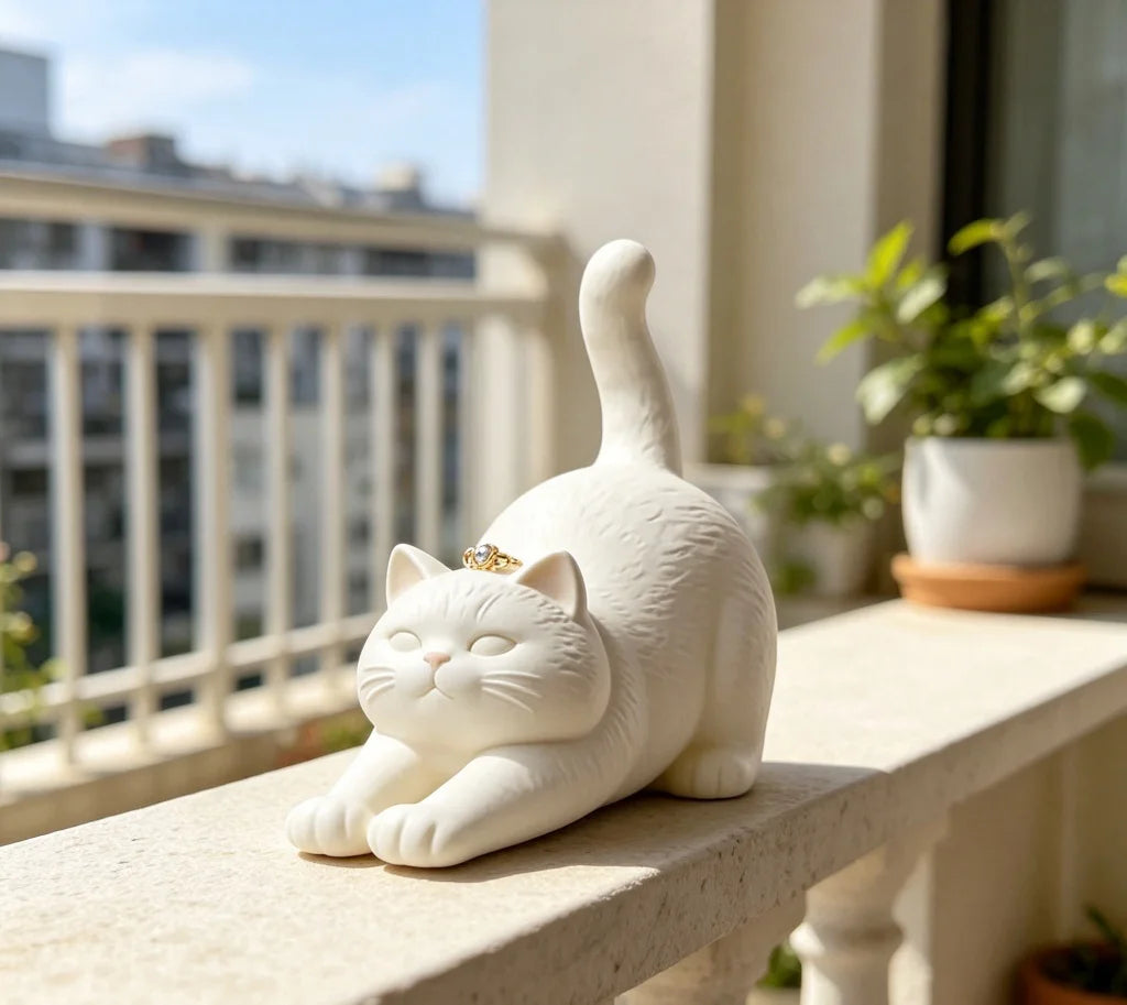 statue chat blanc decoratif minimaliste maison balcon ornement figurine animal lisse mate sculpté erotique