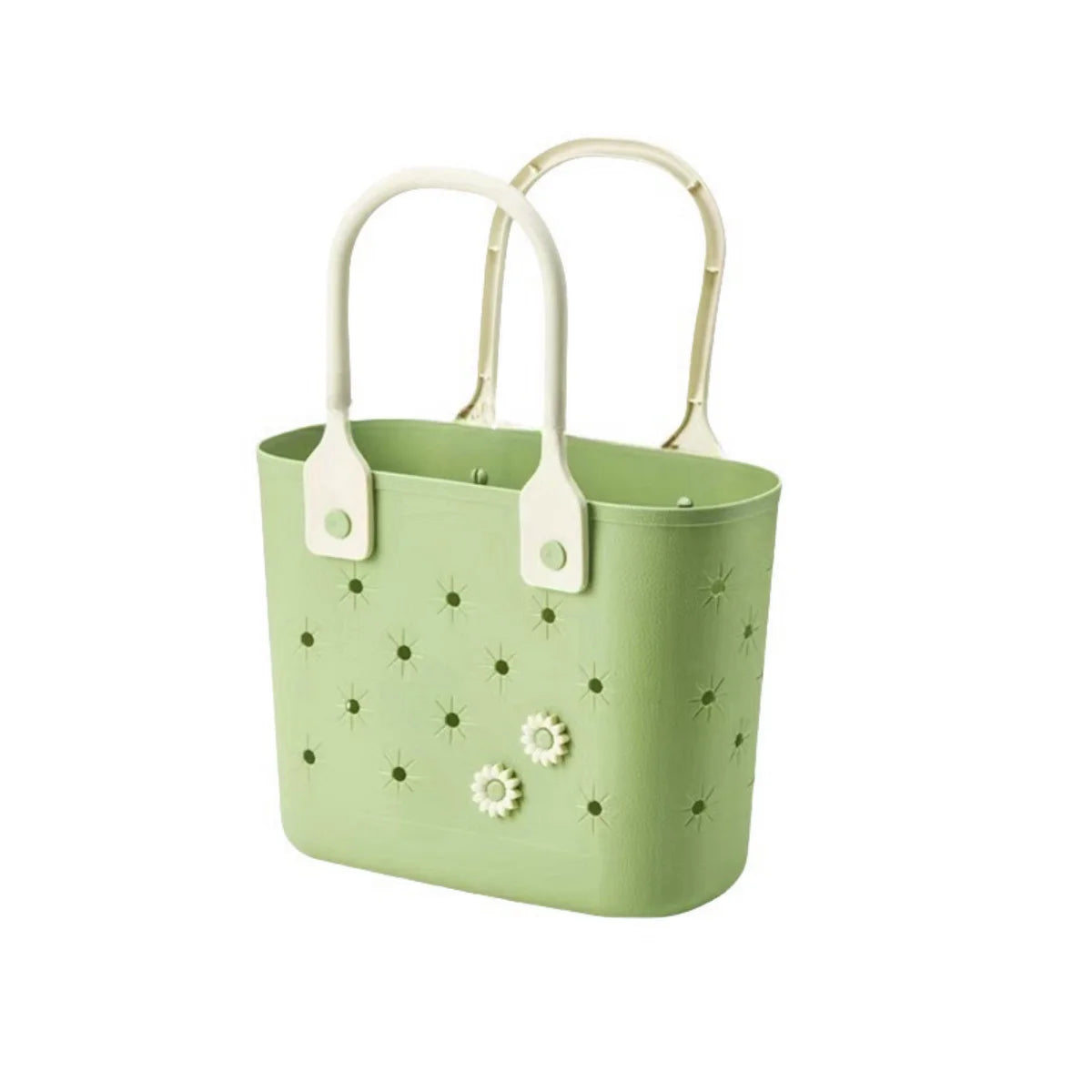 sac main moderne perforations fleurs relief vert clair beige poignées détachables décontracté rangement