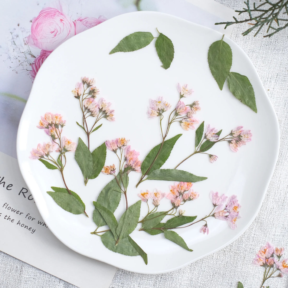 assiette blanche fleurs séchées feuilles vertes minimaliste décoration intérieure anniversaire baby shower pendaison crémaillère