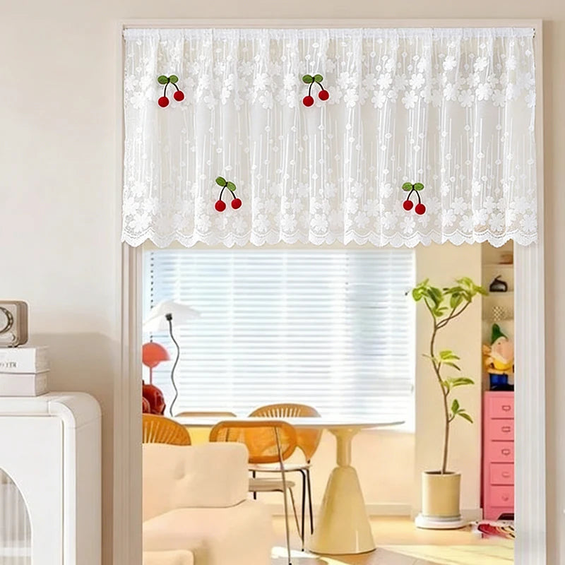 rideau dentelle motif floral cerises blanc rouge vert translucide japonais coréen enfantin chambre porte