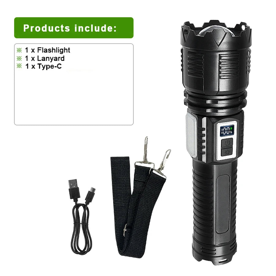 lampe torche rechargeable solaire led puissante 30w lumiere intense résistante autodéfense camping pêche