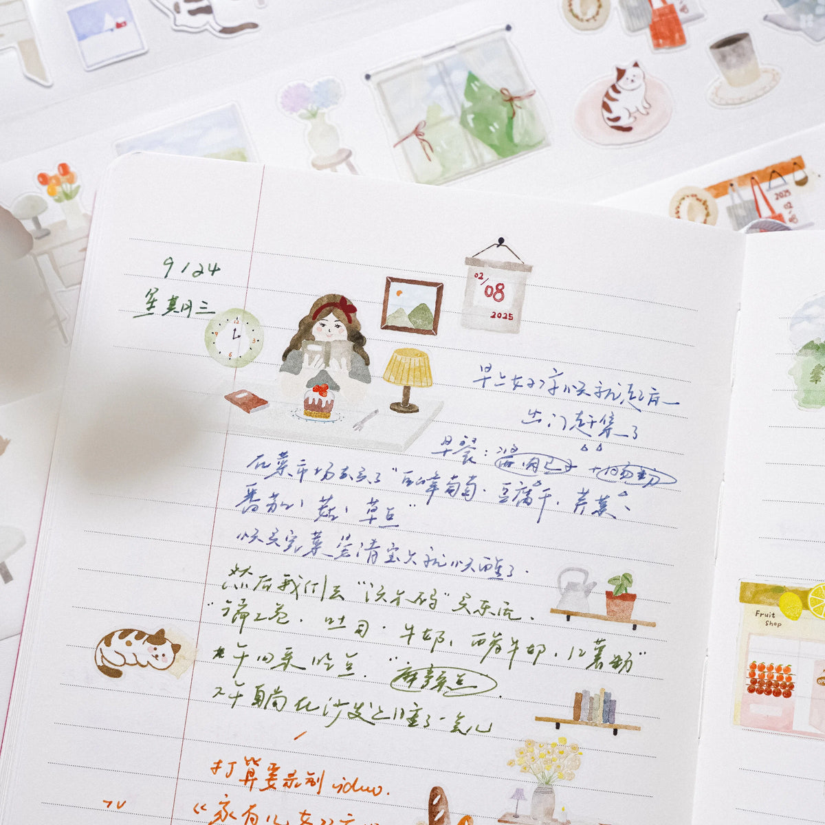 ruban decoratif transparent illustrations minimalistes scènes quotidienne animaux objets ménagers stickers blanc motifs colorés