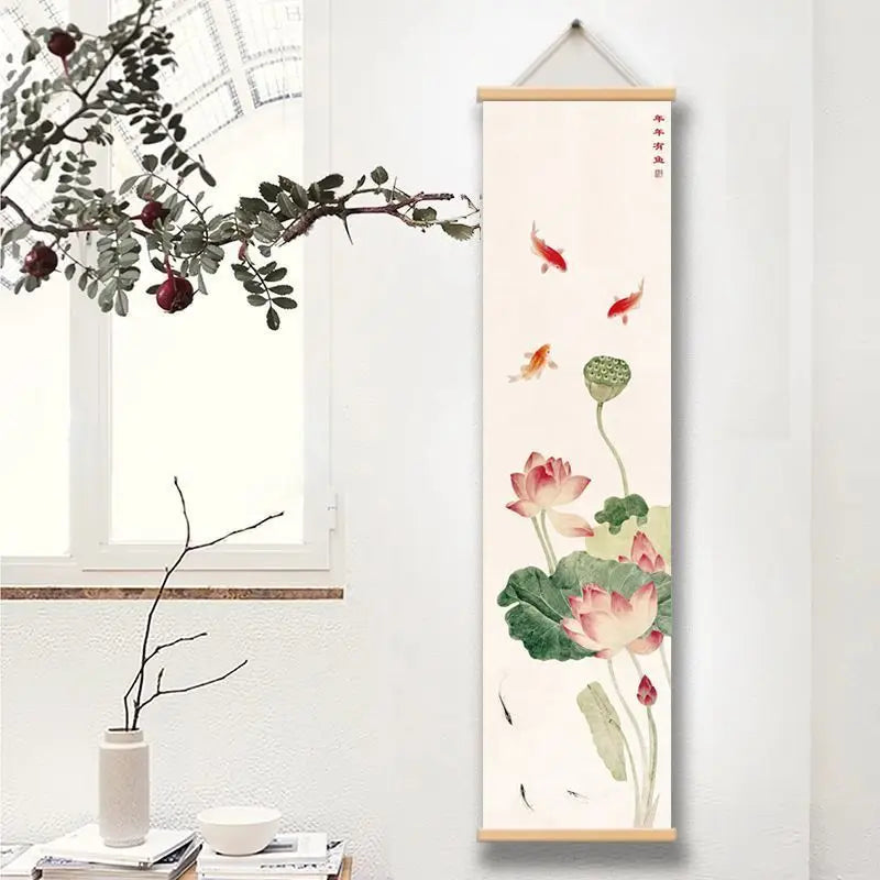tableau suspendu traditionnel floral oiseaux fleurs fruits branches beige bleu rouge noir violet rose