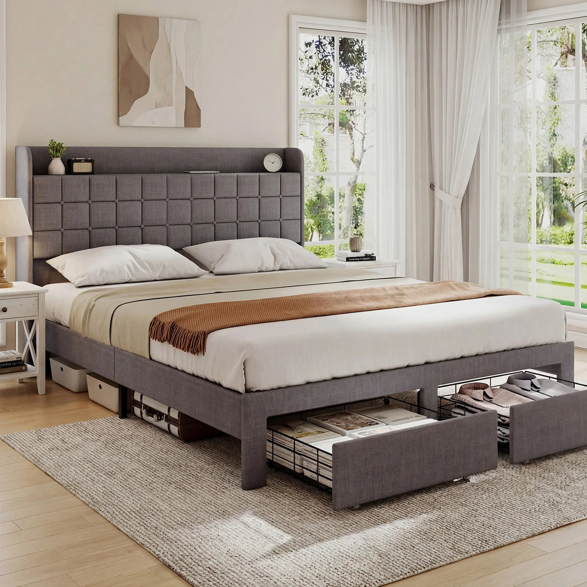 lit queen size tufté gris moderne tiroirs rangement structure robuste