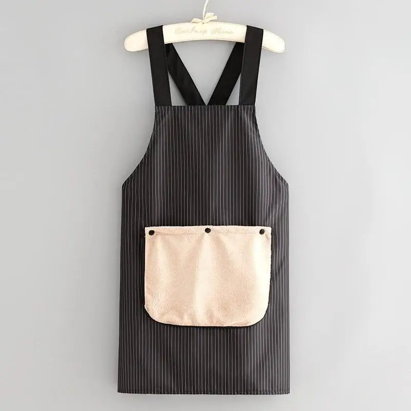 tablier professionnel bleu marine rayures verticales poche intérieure coussin amovible utilitaire cuisine