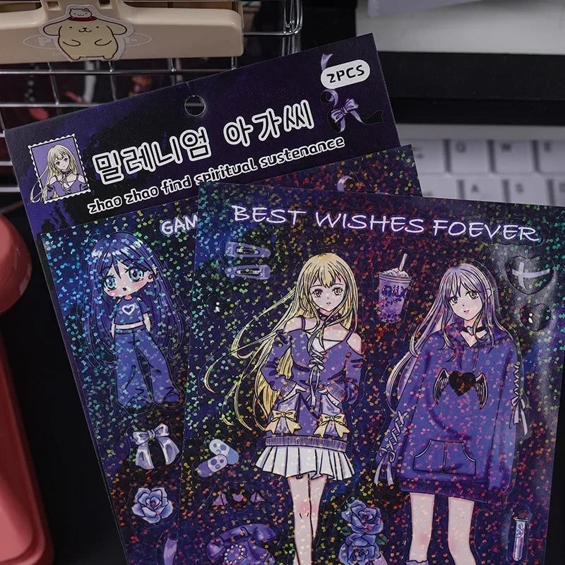 autocollants manga personnages textes confettis bleu violet noir blanc opaques scrapbooking álbum journal intime