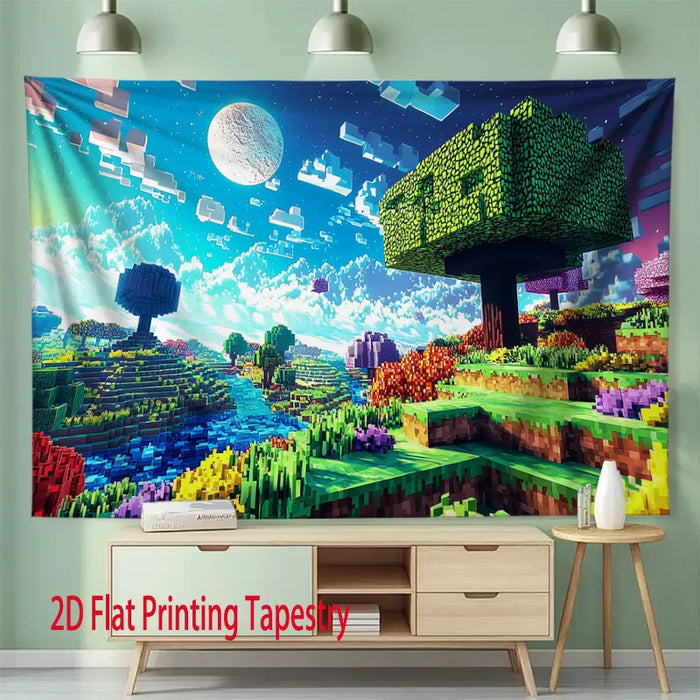 tapisserie murale personnalisée paysage pixel art salon chambre bleu vert rouge